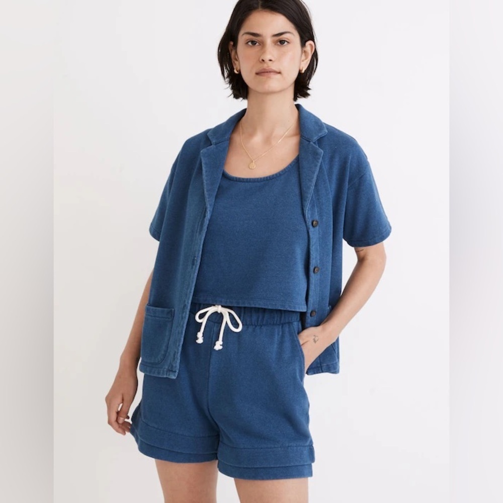 NWT Madewell Indigo French Terry Short Sleeve Camp Shirt in Medium Indigo Sz XS